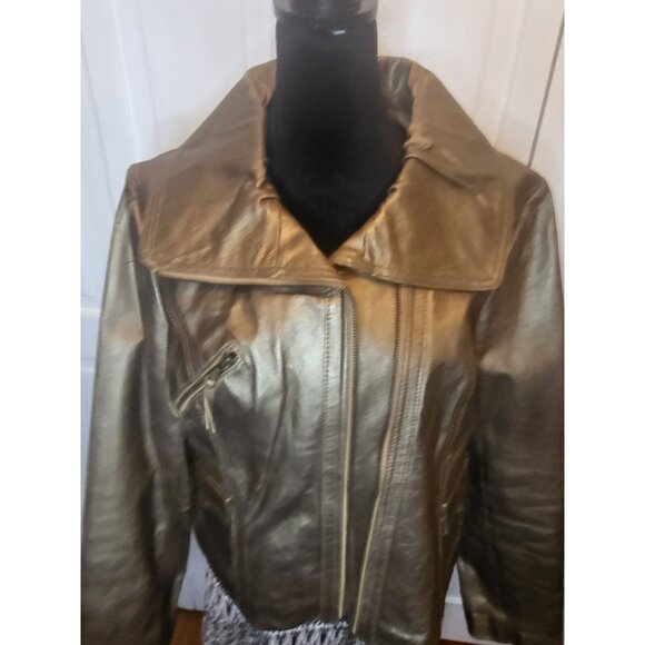 Bronze Metallic Leather Biker Jacket MIXIT L  Zipper Collar Pockets Glam - Picture 11 of 12